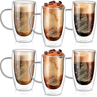 Imagem de Sliner Pacote com 6 canecas de café de vidro de Natal com alça de árvore de Natal dourada de 425 g copos isolados transparentes canecas de férias de inverno para cappuccino latte saquinho de chá