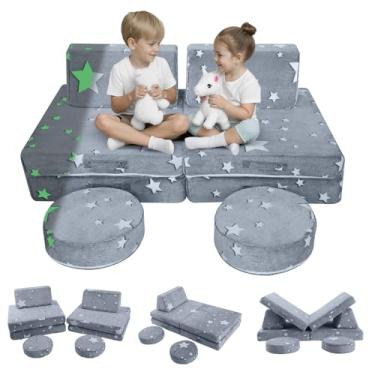 Imagem de MeMoreCool Sofá infantil modular de 8 peças com padrão de estrela, sofá de escalada de espuma que brilha no escuro para crianças de 1 a 3 anos, forte conversível para sala de jogos e conjunto de