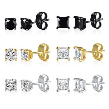 Imagem de MDFUN 6 pares de brincos masculinos de aço inoxidável cirúrgico 316L, hipoalergênicos, 3 a 7 mm, branco/amarelo/preto, banhado a ouro 18K, redondos e quadrados, conjunto de brincos de zircônia cúbica
