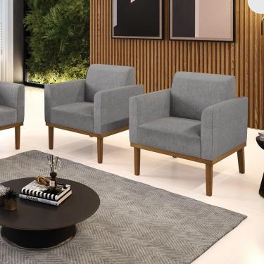 Imagem de Kit 2 Poltronas Decorativas Pés Fixo Em Madeira Castanho Linho Cinza Mesclado
