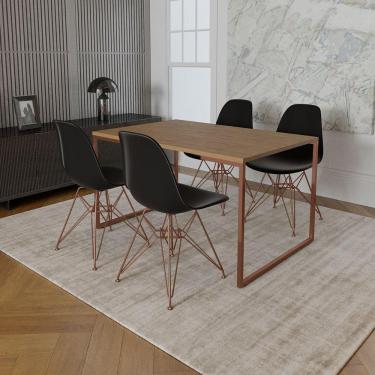Imagem de Mesa Industrial Base Ferro Cobre Tampo 137X90 Amêndoa 4 Cadeiras Ferro Cobre Assento Preto Marrom