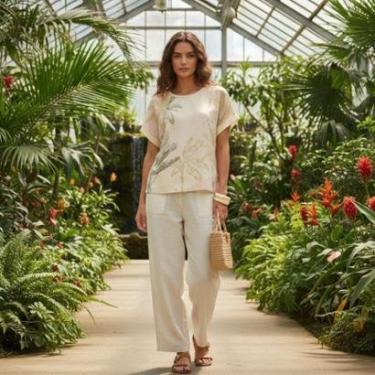 Imagem de Blusa Feminina Manga Curta Estampa Folhagem em Poliéster com Viscose Cereja Rosa-Feminino