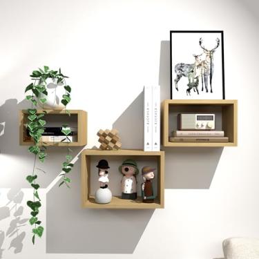 Imagem de CANCHIC Prateleiras decorativas para armazenamento de parede, estilo caixa flutuante, conjunto de 3, prateleiras de cubo de carvalho claro para exibição e armazenamento na sala de estar, quarto ou
