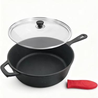 Imagem de MXWLEIEL Frigideira de ferro fundido – Frigideira de 26 cm com alça de gota, tampa redonda de vidro temperado, suporte de alça de silicone para forno, fogão, cozimento doméstico (conjunto de