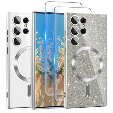 Imagem de Capa para Galaxy S23 Ultra compatível com MagSafe, [cartão de glitter e 2 peças de películas HD] Linda capa brilhante brilhante [nunca amarela], fina, à prova de choque, antiarranhões, capa