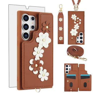 Imagem de Asuwish Capa de telefone para Samsung Galaxy S24 Ultra 5G capa carteira com protetor de tela de vidro temperado compartimento para cartão alça transversal flor acessórios para celular S24Ultra 24S S