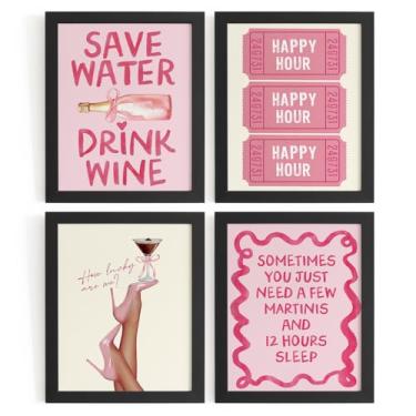 Imagem de WXHUM Coquette Preppy Pink Bar Wall Art Prints Conjunto de 4, Trendy Happy Hour Cocktail Martini Lucky Girl Pôsteres femininos para quarto de meninas casa bar carrinho cozinha apartamento, 20 x 25 cm