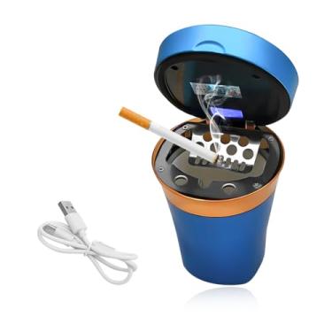 Imagem de NYTKL Cinzeiro de carro, alimentado por energia solar/recarregável por USB com isqueiro eletrônico, cinzeiro removível com tampa e luz azul LED para suporte de copo de carro, escritório em casa (azul)