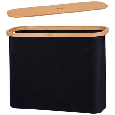 Imagem de LUMINFLY Tampa de papel higiênico de armazenamento com cesta de tecido Oxford preto, parte superior de madeira, comporta 12 rolos, abertura conveniente à prova d'água e à prova de poeira, banheiro