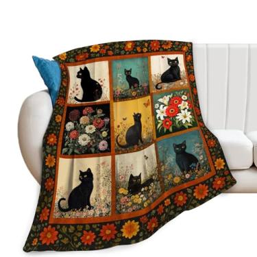 Imagem de Cobertor de gato, cobertor de gato preto, presentes florais, cobertores de flanela para mulheres, homens, meninos, meninas, adultos, presente de cama macio para sofá-cama, escritório, decoração de