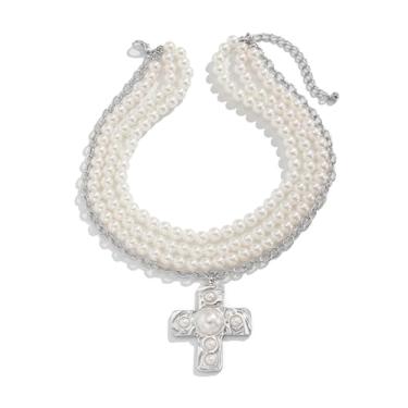 Imagem de Colar feminino grosso com pingente de cruz martelada em camadas, contas e pérolas grossas delicadas, corrente de prata, retrô, presente de festa de formatura, One Size, Metal, Sem Pedra Preciosa