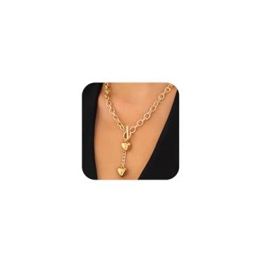 Imagem de Lindos colares de ouro duplo coração Y corrente grossa gargantilha para mulheres, pingente de coração de amor prata pingente OT fivela colar declaração joias acessórios para presente, One Size, Metal