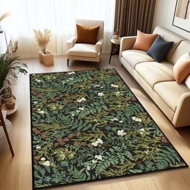 Imagem de Tapete preto verde 10 x 15 cm, tapetes com estampa botânica para sala de estar, tapetes laváveis ultrafinos e laváveis para ambientes internos, folhas de plantas, tapetes antiderrapantes para quarto