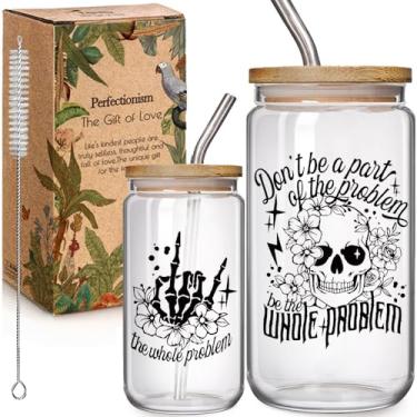 Imagem de Problem Skeleton Copos de vidro de 473 ml com tampas e canudos, presentes de Natal para colega de trabalho, melhor amigo, Don't Be A Part of The Problem Be The Whole Problem, presentes de café de