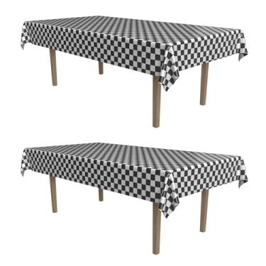 Imagem de Beistle Capas de mesa xadrez – Pacote com 2, toalhas de mesa retangulares pretas e brancas, decorações de mesa descartáveis para corrida, esportes, jantares dos anos 50 e festas temáticas de rock