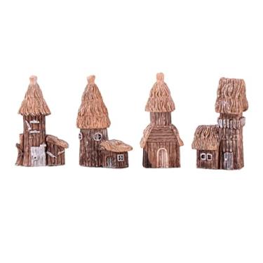 Imagem de 4 casas de jardim de fadas feitas à mão, chalés de resina em miniatura com telhado de palha e textura de madeira, perfeitas para jardins, terrários e exibições de bonsai
