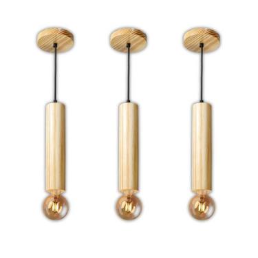 Imagem de Kit 3 Luminárias Pendentes Cilindro Tubo de Madeira Maciça 1 Metro E27