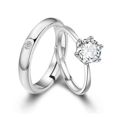 Imagem de Acruccen 2 peças de anéis de casal para mulheres e homens, conjunto de anéis de zircônia cúbica grande, anel de zircônia cúbica, aniversário, compromisso, noivado, casamento, conjunto ajustável