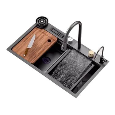 Imagem de Pia de cachoeira de aço inoxidável, pia de bar, pia de cozinha de estação de trabalho, pia de fazenda com acessórios de pia (78 x 45 cm, preto)
