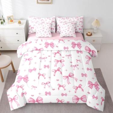 Imagem de Erosebridal Jogo de cama kawaii com laço rosa, 7 peças, solteiro, amor, coração, com glitter, cama kawaii em uma bolsa, linda gravata borboleta rosa para crianças, meninos e meninas