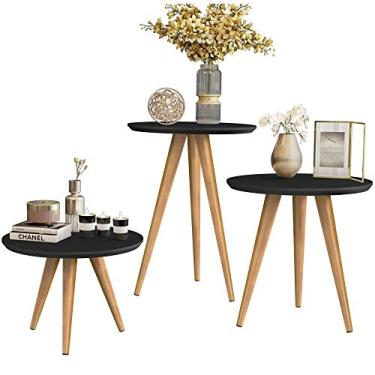 Imagem de Conjunto 3 Mesas Lateral Canto Apoio Centro Sala Redonda Tripé (4 - Preto)