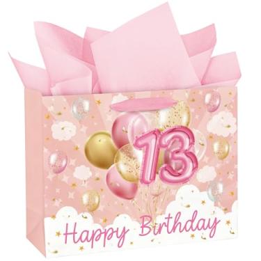 Imagem de WRAPAHOLIC Sacos de presente de aniversário de 33 cm com papel de seda - 13 anos de idade - Sacos de papel balão ouro rosa para meninas festa de lembrança de aniversário