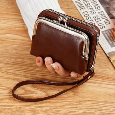 Imagem de Carteira compacta vintage para mulheres, bolsa elegante de couro PU, bolsa de moedas feminina com fecho de pressão, zíper e cadeado Kiss, Marrom escuro, Carteira