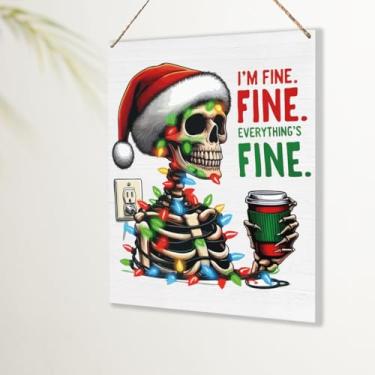 Imagem de Placa de decoração de Natal gótica engraçada esqueleto assustador decorações de Natal presentes para mulheres homens I'm Fine Christmas Wall Door Hanging Decor Sign para casa, escritório, cozinha