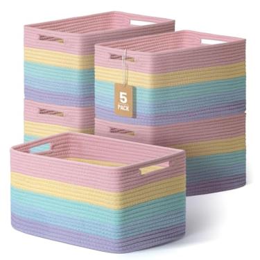 Imagem de Pacote com 5 cestas de armazenamento de tecido para organização de prateleiras, caixas decorativas de armazenamento para brinquedos, livros, roupas, armário, berçário, banheiro – cesta organizadora
