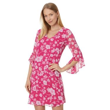 Imagem de Calvin Klein Vestido feminino curto de chiffon com mangas de sino, Hibscus/branco, 11