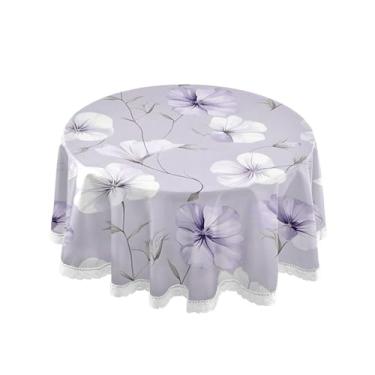 Imagem de SEHANY Elegante toalha de mesa redonda com flores roxas, 152 cm, tecido lavável sem rugas, toalha de mesa redonda com renda decorativa para restaurante, casamento, acampamento, festa Fiesta Cinco de