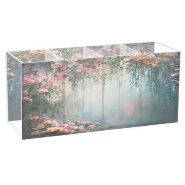 Imagem de SEHANY Porta-canetas de parede vintage de jardim para mesa, 4 compartimentos, porta-lápis de acrílico, organizador de pincéis de maquiagem, organizador de papelaria para escritório, casa