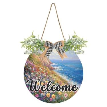 Imagem de SEHANY Placa de boas-vindas de flores e mar, decoração de porta da frente, guirlanda de boas-vindas redonda para decoração de casa de fazenda, varanda e pátio, 30 x 30 cm