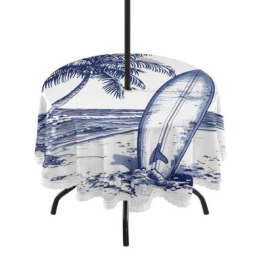 Imagem de Blueangle Toalha de mesa redonda impermeável com palmeira de 152 cm à prova d'água com furo para guarda-chuva - Tecido resistente para todos os climas à prova de sol para pátio, acampamento