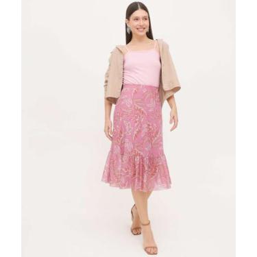 Imagem de Saia Feminina Midi Tule Estampa Folhas Marisa-19013, Rosa, G