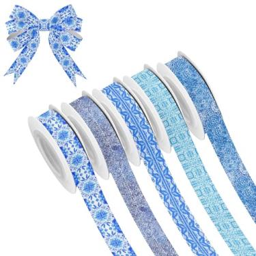 Imagem de SEHANY 5 rolos de fita de Natal 0,59 polegadas 5 jardas fitas de tecido boêmio fitas de cetim festivas fitas decorativas de Natal para embrulho de presente faça você mesmo artesanato grinalda