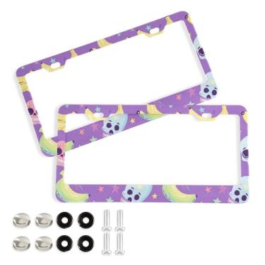 Imagem de SEHANY Molduras de placa de carro vintage rosa crânio, capas de alumínio à prova de ferrugem com furos elípticos e parafusos serve para veículos padrão dos EUA tamanho acessórios de carro para