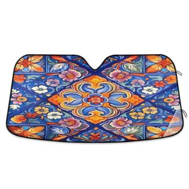 Imagem de ATTX Para-brisa de carro com azulejo de cerâmica mexicana 134.6 cm x 59.7 cm Escudo solar universal com proteção UV, persiana de janela frontal automática dobrável para caminhões Sedans SUVs #678