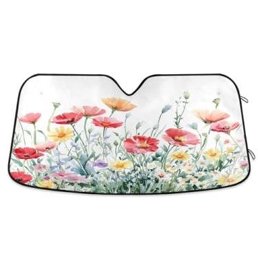 Imagem de ATTX Pára-brisas de carro colorido flores silvestres 134.6 cm x 59.7 cm Protetor solar universal com proteção UV, persiana de janela frontal automática dobrável para caminhões Sedans SUVs #587