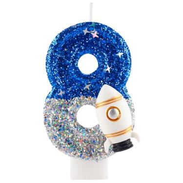 Imagem de Vela de 8º aniversário com glitter foguete espacial número 8 velas azul prata topo de bolo decorações vela feliz aniversário para meninas meninos artigos de festa de aniversário