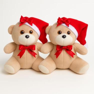 Imagem de Kit 2 Ursos de Natal Com Gorro e Lacinho Vermelho 30cm Urso Pelúcia Decorativo Natalino