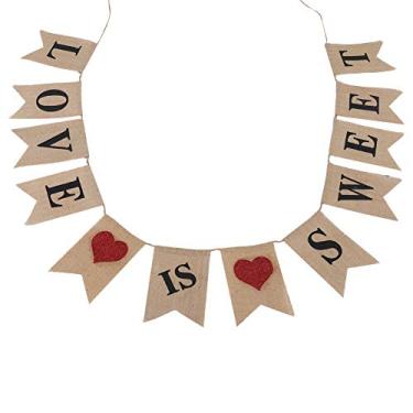 Imagem de Bandeiras suspensas de linho em formato de cauda elegante, bandeira de juta, decoração de festa premium para aniversário, casamento, chá de panela, feito de material ecológico (amor doce)