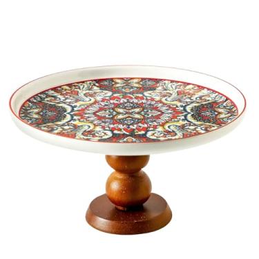 Imagem de Suporte de bolo de cerâmica com elegante pé curvado de madeira, suporte de sobremesa versátil de 20 cm, conjunto de exibição de mesa de sobremesa 2 em 1 e tábua de charcutaria para aniversário/cozinha