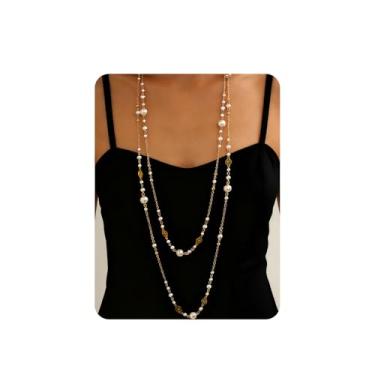 Imagem de Colares longos de pérolas para mulheres, colar delicado em camadas de ouro e pérolas, colares longos boho em camadas, joias de pérolas para mulheres, amigas, presente de aniversário de Natal