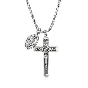 Imagem de Rnivida Colar masculino com pingente de cruz crucifixo e medalha milagrosa, 24" Box Chain, Metal, Sem Pedra Preciosa
