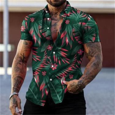 Imagem de Camisa Masculina Estilo Havaiano Com Estampa De Flores Pretas E Dourad