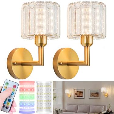 Imagem de Nekhung Conjunto de 2 arandelas de parede operadas por bateria com lâmpada RGB para quarto, sala de estar, banheiro (latão - 25,4 cm)