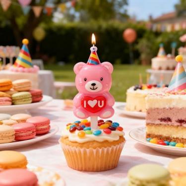 Imagem de Conjunto de velas de urso abraçado de desenho animado, mini urso rosa fofo e eu te amo engraçado, crianças, velas de feliz aniversário, artigos de festa, decoração de bolo