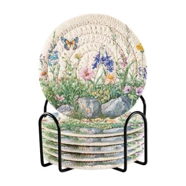 Imagem de SEHANY Elegante conjunto de 6 porta-copos de flores de borboleta com suporte, porta-copos redondos absorventes de algodão resistente ao calor para mesa de jantar, canecas de café, 10 cm