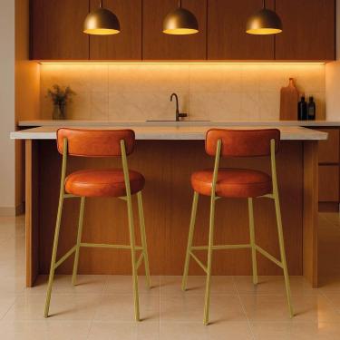 Imagem de Banqueta Cozinha Média Com Encosto Industrial Dourado Kit 2 Londres Pu D03 - D`rossi Cor Nozes